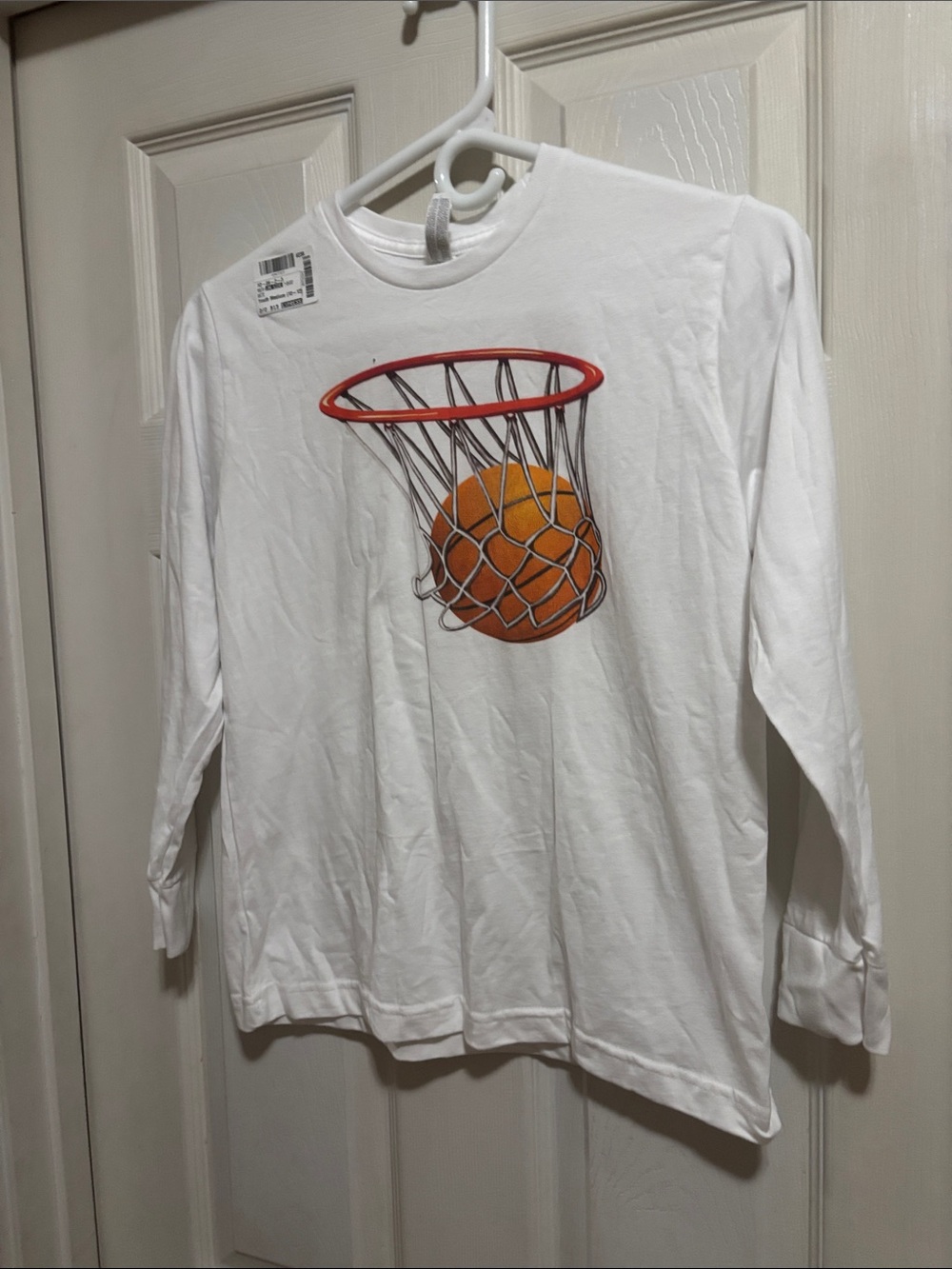 Express White Long-Sleeve Tee with Orange Basketball Graphic